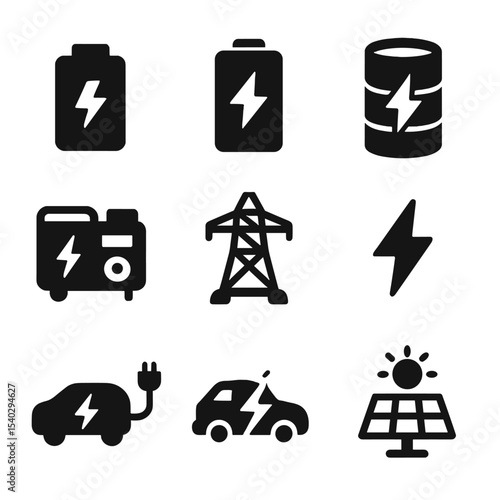 Backup Energy Icons. Solid, filled icons set of backup energy systems: battery icon, power bank, energy icon,