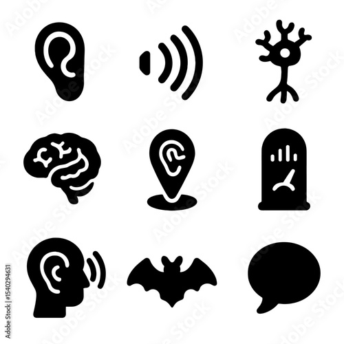 Auditory Icons Grid. Solid, filled icons set of hearing and auditory processing: ear canal, sound input,