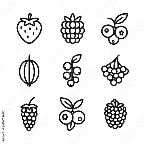 Berry Harvest Icons. Outline icon set of May berry harvest: strawberries, raspberries, blueberries, gooseberries, currants,