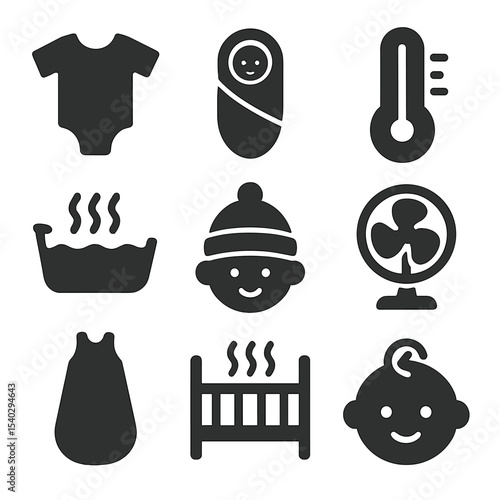 Baby Temperature Icons. Solid, filled icons set of infants and temperature regulation: baby onesie, swaddle