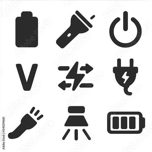 Battery Device Icons. Solid, filled icons set of battery-powered devices: battery icon, flashlight, power