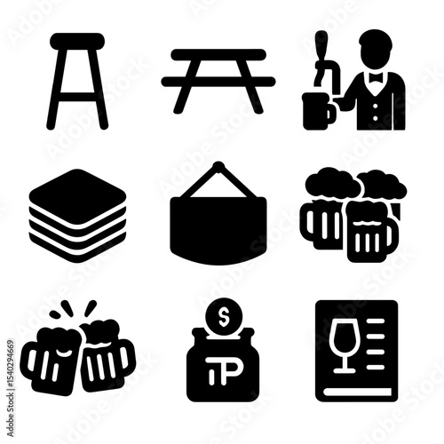 Beer Culture Icons. Solid, Filled icon set of beer culture and service: pub stool, beer garden table, bartender tap, coaster stack