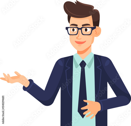 Professional Presentation: A confident individual in a tailored suit and spectacles is engaged in a presentation or explanation, the perfect embodiment of corporate sophistication.