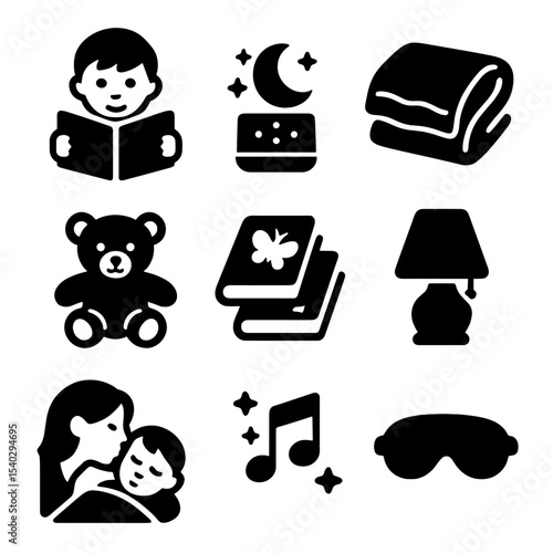 Bedtime Routine Icons. Solid, filled icons set of bedtime routines: bedtime story, nightlight, cozy blanket,