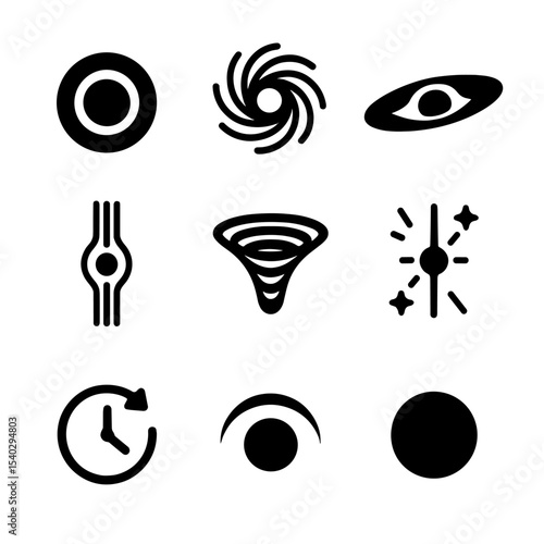 Black Hole Icons. Solid, filled icons set of black holes and gravitational collapse: event horizon,