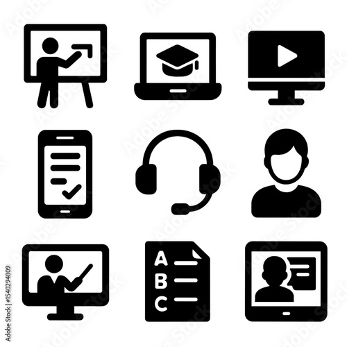 Blended Learning Icons. Solid, filled icons set of blended learning environments: interactive screen, laptop