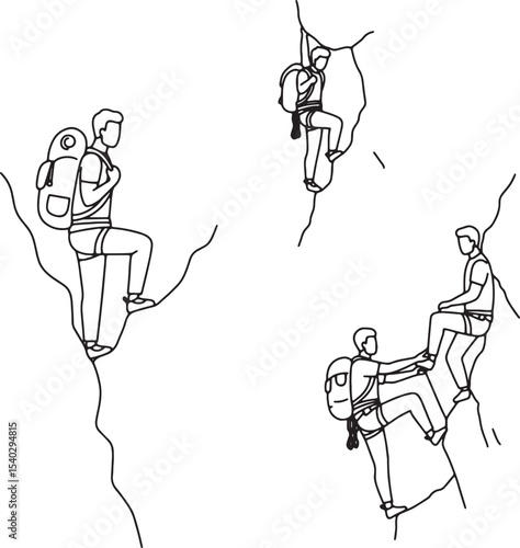 Adventure Awaits Climbers Scaling Rocky Heights, Line Art Illustration