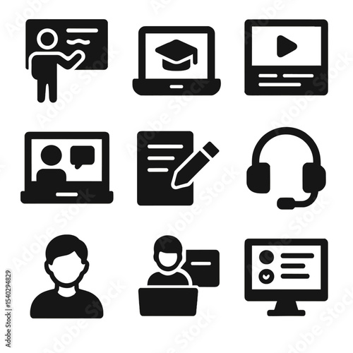 Blended Learning Icons. Solid, filled icons set of blended learning environments: interactive screen, laptop