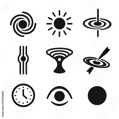 Black Hole Icons. Solid, filled icons set of black holes and gravitational collapse: event horizon,