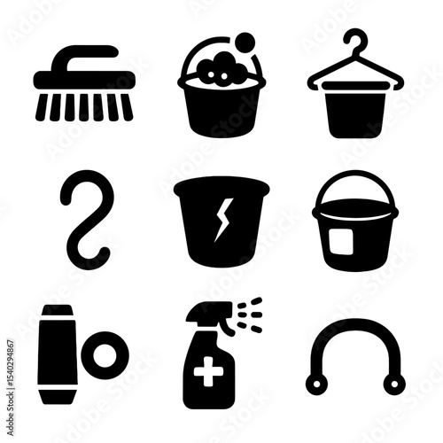 Bucket Care Icons. Solid, filled icons set of bucket maintenance and care: cleaning brush, soapy water, drying