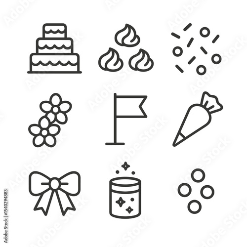 Birthday Cake Icons. Outline icon set of birthday cake decorations: tiered cake, frosting swirls, sprinkles, fondant flowers, cake