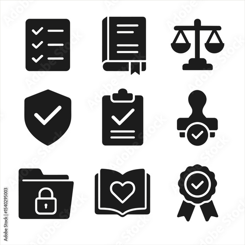 Business Compliance Icons. Solid, filled icons set of business compliance and regulatory guidelines: checklist