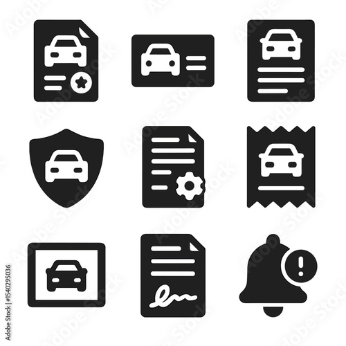 Car Ownership Icons. Solid, filled icons set of car ownership records: title document, insurance card,
