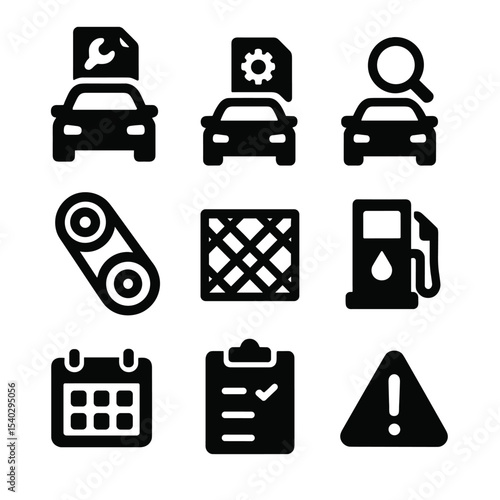 Car Service Icons Grid. Solid, filled icons set of scheduled car services: 5k service, 10k service, 30k
