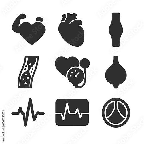 Cardiovascular Icon Set. Solid, filled icons set of cardiovascular conditions: strong heart muscle, enlarged