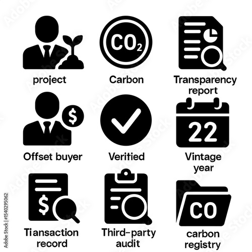 Carbon Market Icons. Solid, filled icons set of voluntary carbon markets: project developer, carbon token,