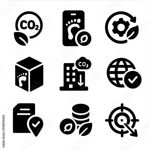 Carbon Reduction Icons. Solid, filled icons set of carbon footprint reduction strategies: CO2 offset icon,