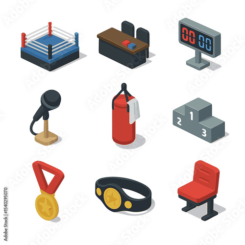 Boxing Event Icons. Isometric Flat icon set of punching bag event: competition ring, judge’s table, scoring board, announcer mic,
