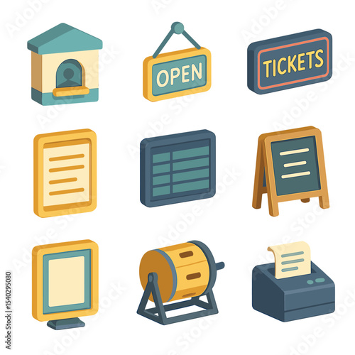 Isometric Box Office Icons. Isometric Flat icon set of Box Office and Signage: box office window, open/closed sign, neon “Tickets”