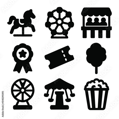 Carnival Icons Grid. Solid, filled icons set of carnival fun: carousel horse, Ferris wheel, game booth, prize