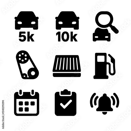 Car Service Icons Grid. Solid, filled icons set of scheduled car services: 5k service, 10k service, 30k
