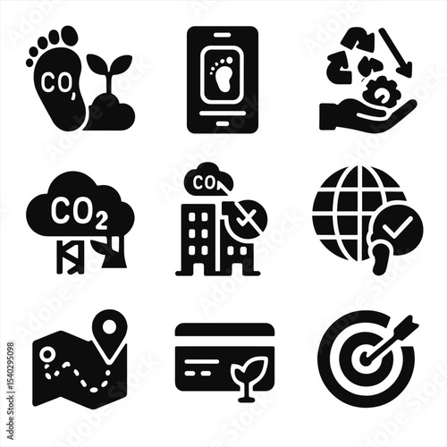 Carbon Reduction Icons. Solid, filled icons set of carbon footprint reduction strategies: CO2 offset icon,