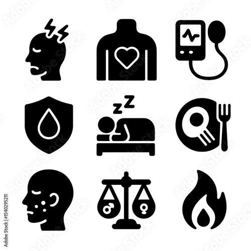 Chronic Stress Icons Grid. Solid, filled icons set of chronic stress impact: headache icon, chest tightness,