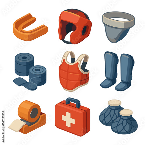 Boxing Safety Gear Icons. Isometric Flat icon set of boxing safety gear: mouthguard, headgear, groin protector, hand wraps, chest