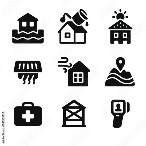 Climate Resilient Icons. Solid, filled icons set of climate-resilient buildings: flood barrier, heat-resistant