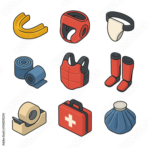 Boxing Safety Gear Icons. Isometric Flat icon set of boxing safety gear: mouthguard, headgear, groin protector, hand wraps, chest