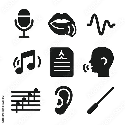 Children's Vocal Lesson Icons. Solid, filled icons set of children’s vocal lessons: microphone, singing mouth,