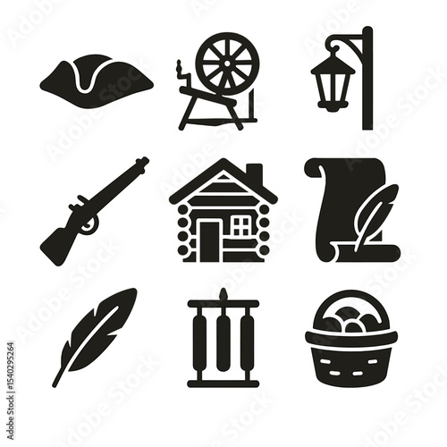 Colonial Era Icons. Solid, filled icons set of colonial-era demonstrations: tri-corner hat, spinning wheel,