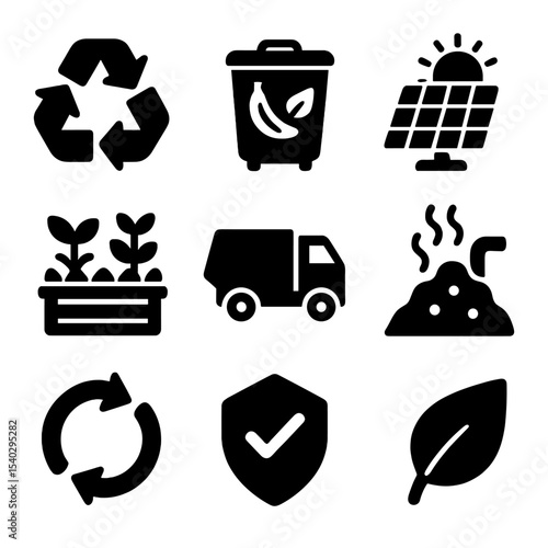Community Recycling Icons. Solid, filled icons set of community waste recycling: recycling arrows, compost bin