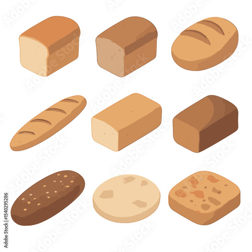 Bread Icon Collection. Isometric Flat icon set of bread types: white loaf, whole wheat, sourdough, baguette, ciabatta, rye,