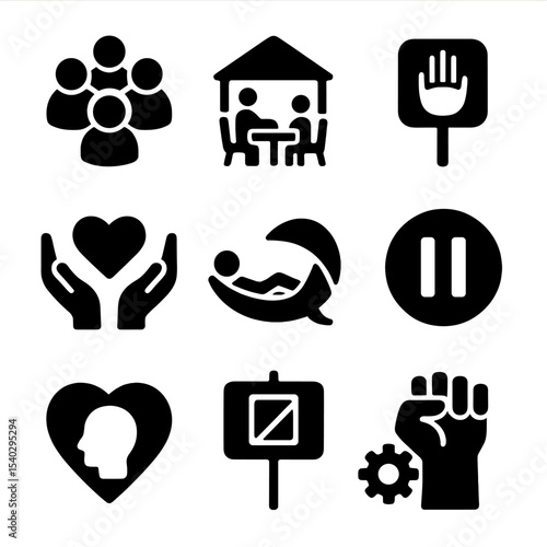 Community Support Icons. Solid, filled icons set of community support and rest culture: group circle, shared