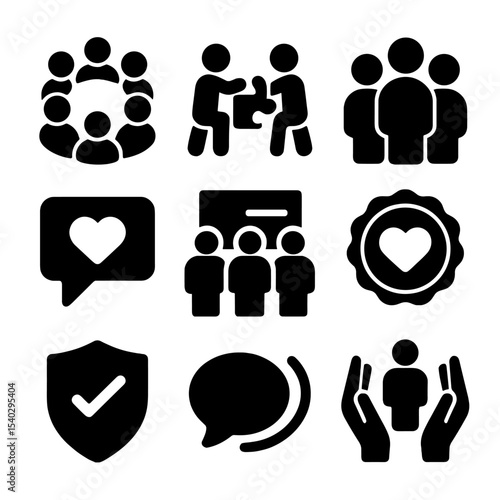 Community Engagement Icons. Solid, filled icons set of community and peer engagement for well-being: group