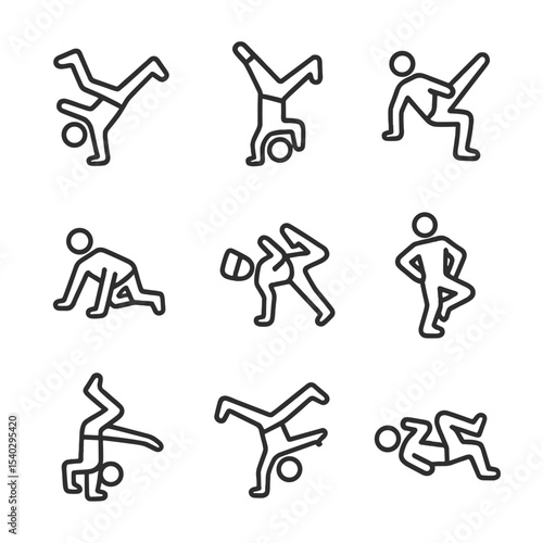 Breakdance Moves Icons. Outline icon set of breakdancing moves: windmill, headspin, flares, six-step, baby freeze, chair freeze,