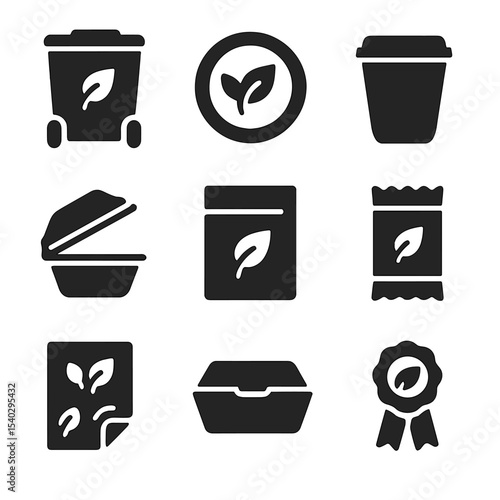 Compostable Packaging Icons. Solid, filled icons set of compostable packaging: compost bin, compost label,