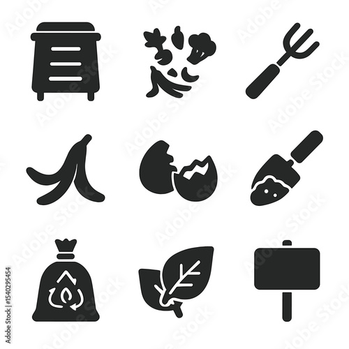 Composting Icons Collection. Solid, filled icons set of composting and food waste reduction: compost bin, food