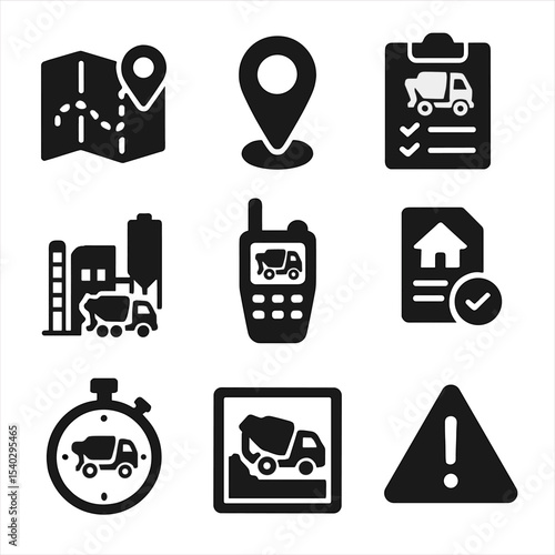 Concrete Logistics Icons. Solid, filled icons set of concrete delivery logistics: route map, GPS tracker,