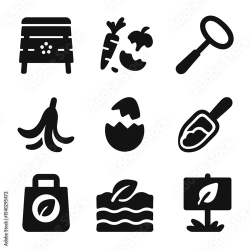Composting Icons Collection. Solid, filled icons set of composting and food waste reduction: compost bin, food