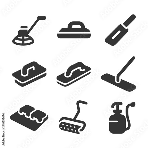 Concrete Tools Icons. Solid, filled icons set of concrete surface finishing: power trowel, edging tool,