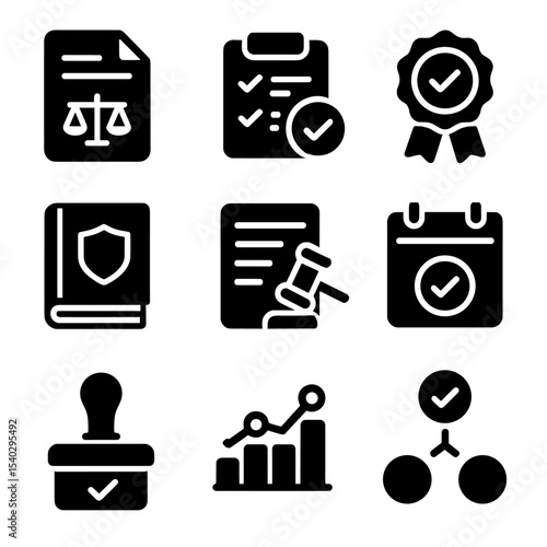 Compliance Icons Grid. Solid, filled icons set of compliance and regulatory management: legal document, audit