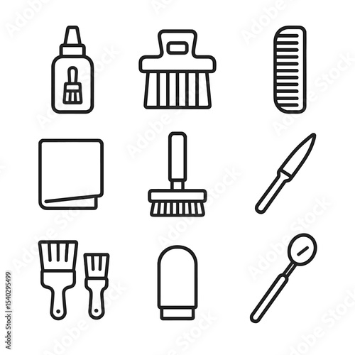 Brush Care Icons. Outline icon set of brush maintenance essentials: bristle conditioner, shape keeper clip, bristle guard, ferrule