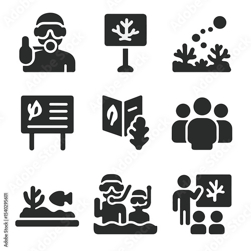 Coral Reef Icon Set. Solid, filled icons set of coral reef tourism and education: dive guide, marine park sign