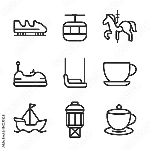 Carnival Ride Icons. Outline icon set of carnival ride vehicles: roller coaster car, ferris wheel gondola, carousel horse, bumper