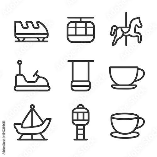 Carnival Ride Icons. Outline icon set of carnival ride vehicles: roller coaster car, ferris wheel gondola, carousel horse, bumper