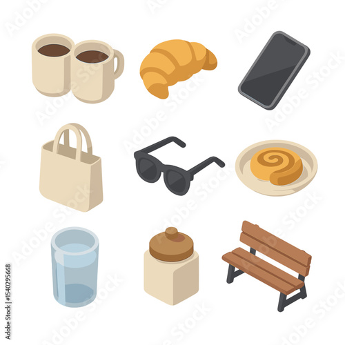Casual Friend Meetup Icons. Isometric Flat icon set of casual friend meetup: coffee mugs, croissant, smartphone, tote bag,