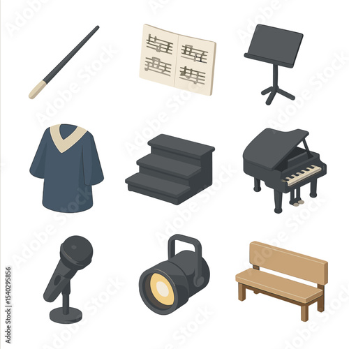 Choir Performance Icons. Isometric Flat icon set of classical choir performance: conductor baton, sheet music, music stand, choir