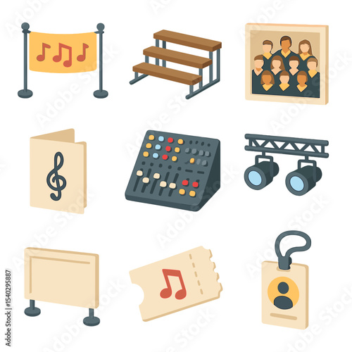 Choral Festival Icons. Isometric Flat icon set of choral festival stage: festival banner, riser tiers, group photo frame, event